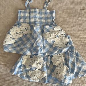 Blue and White Checkered Dress with Floral Accents